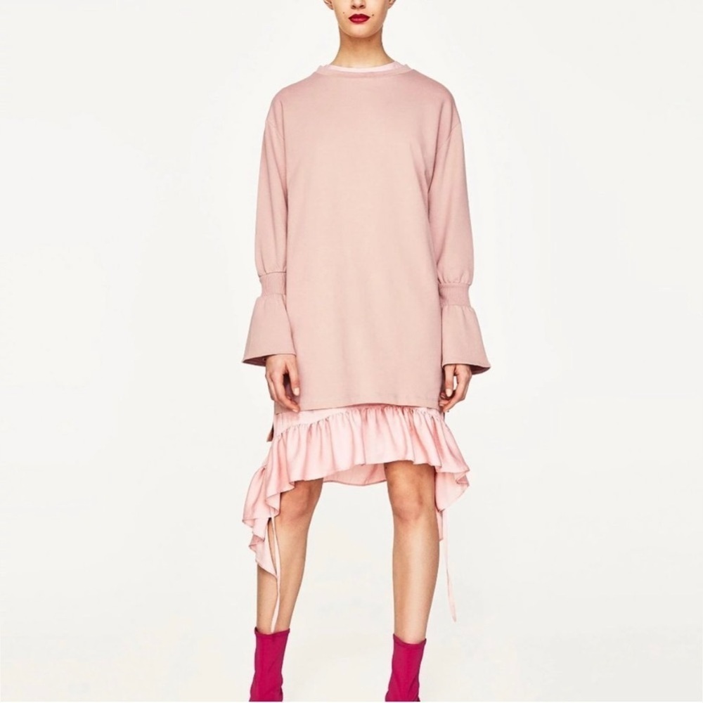 Zara woman’s sz Large Frilled Pink Midi Dress Ruffled Hem Boho NWT - Picture 11 of 15